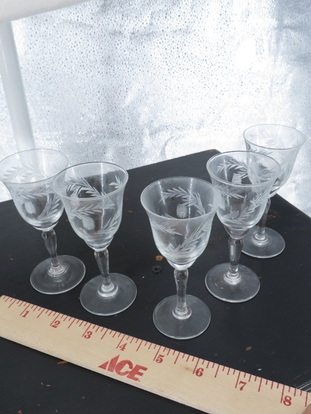 Vintage Etched Wheat Crystal Cordial Glasses Clear Set 5 Small Wine Stemware Cup